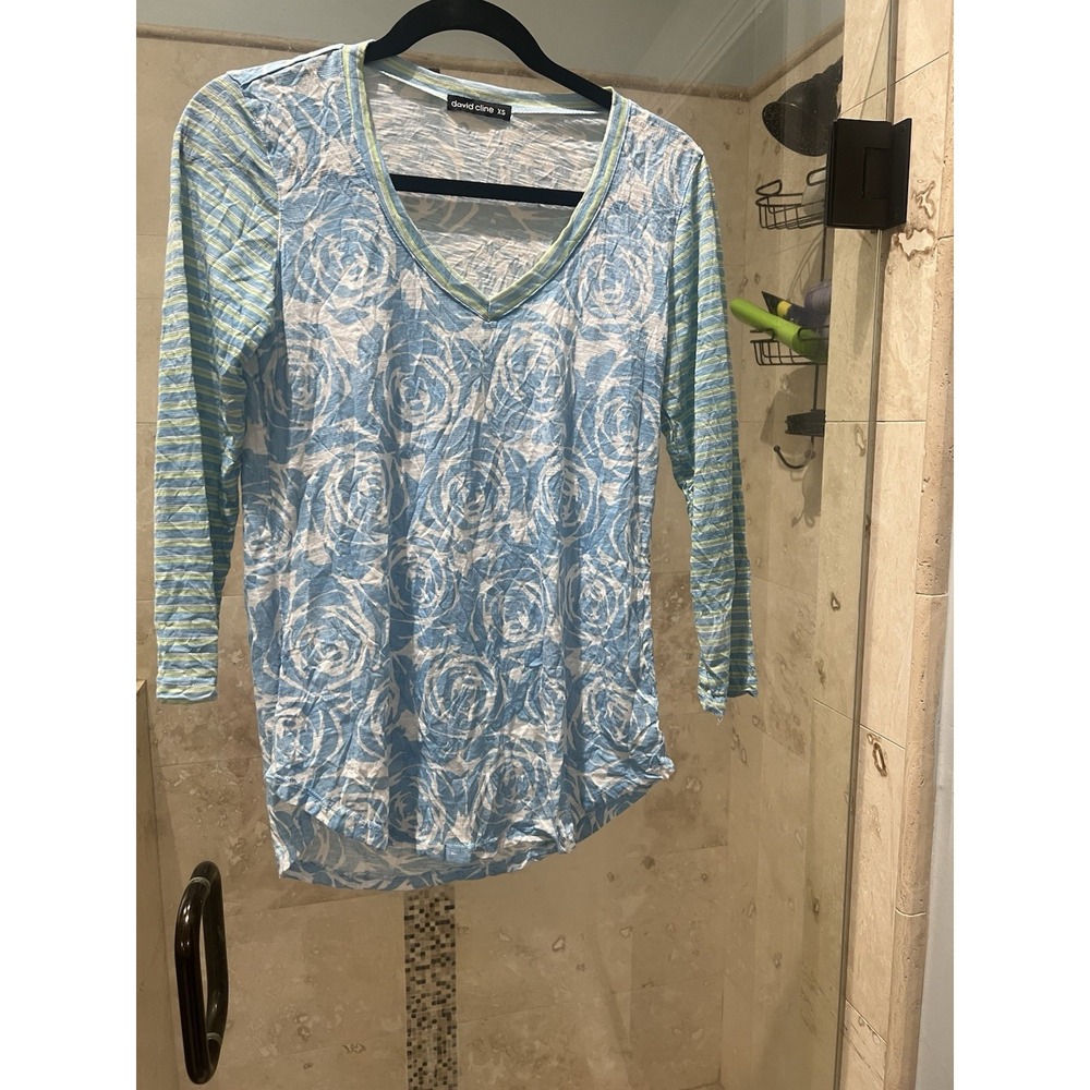 David Cline Crushed Tee Womens XS Floral Stripe VNeck 3/4 Sleeve 3112 Azure